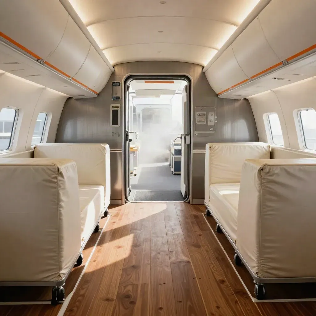 Cabina passeggeri in refit con pavimento nuovo, pannelli soffitto e moduli pronti, polvere sospesa.