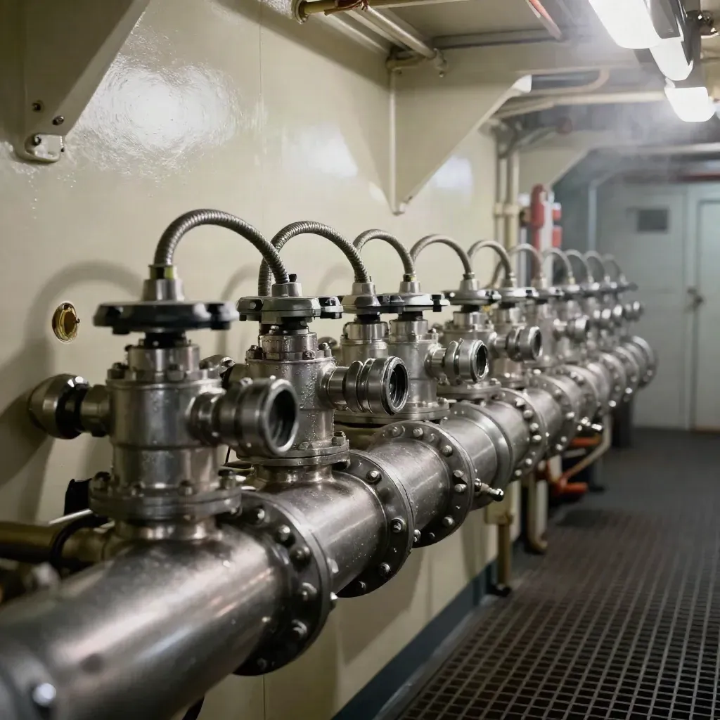 Sala macchine navale ordinata con valvole, tubazioni e cablaggi lucidi in assetto finale.