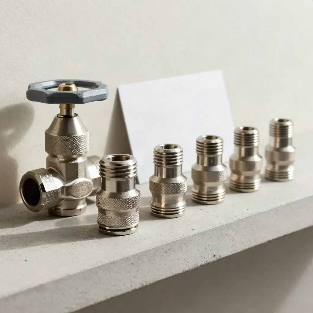 Raccordi e tappi prova pressione su mensola di cemento, luce laterale fredda, stile tecnico marittimo.