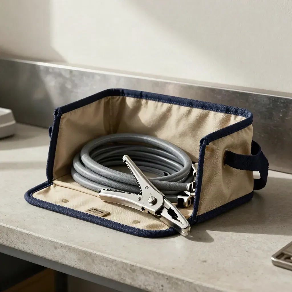 Borsa utensili aperta con morsetti inox, fascette tecniche e tubo idraulico arrotolato.