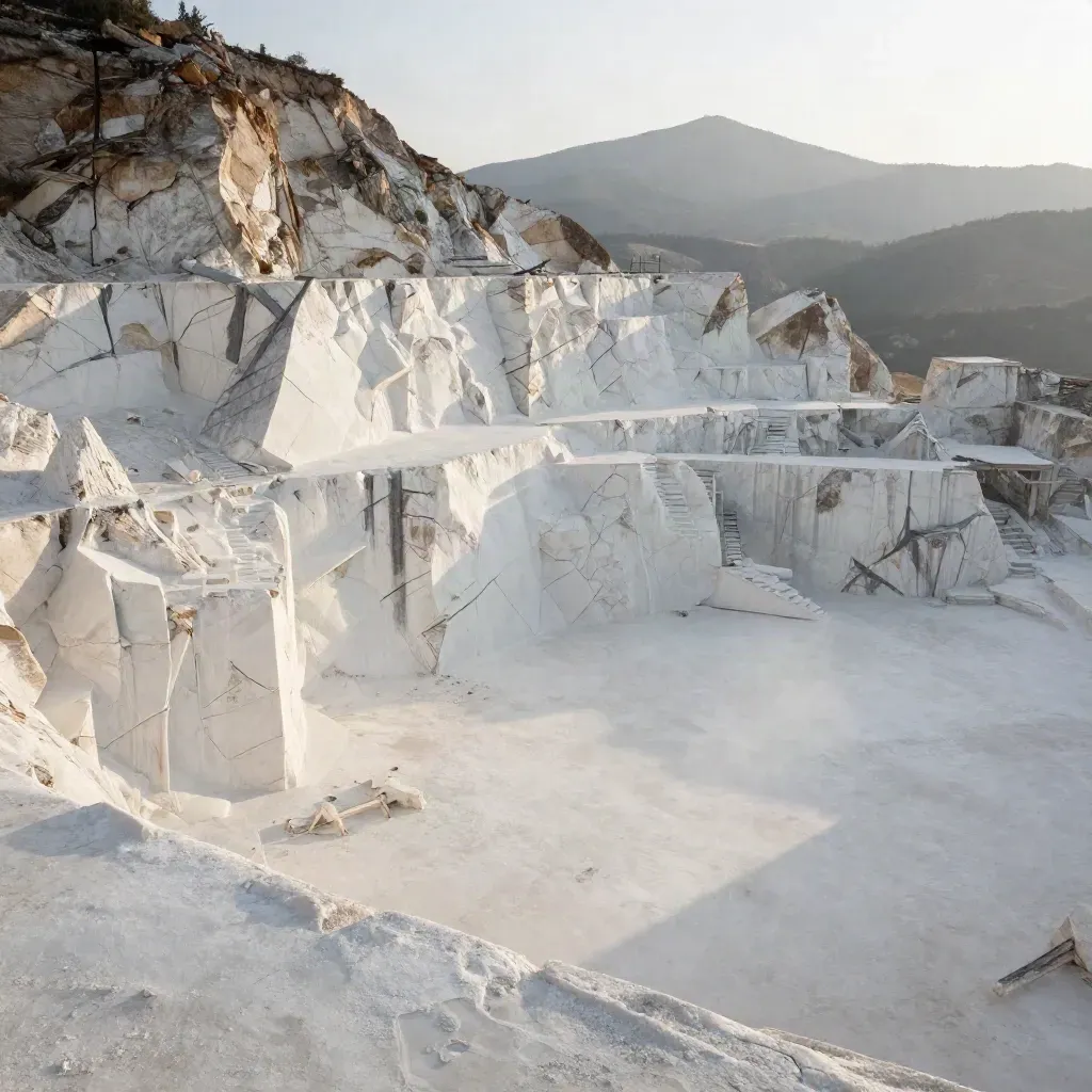 Cave di marmo apuane illuminate dal sole caldo, con superfici bianche stratificate e foschia.