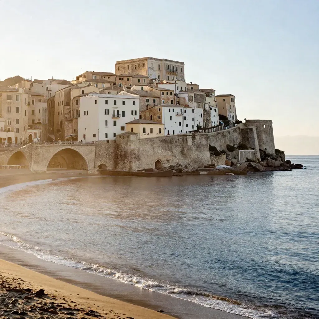 Costa ligure al tramonto con arco del porto, case in alto e mare calmo