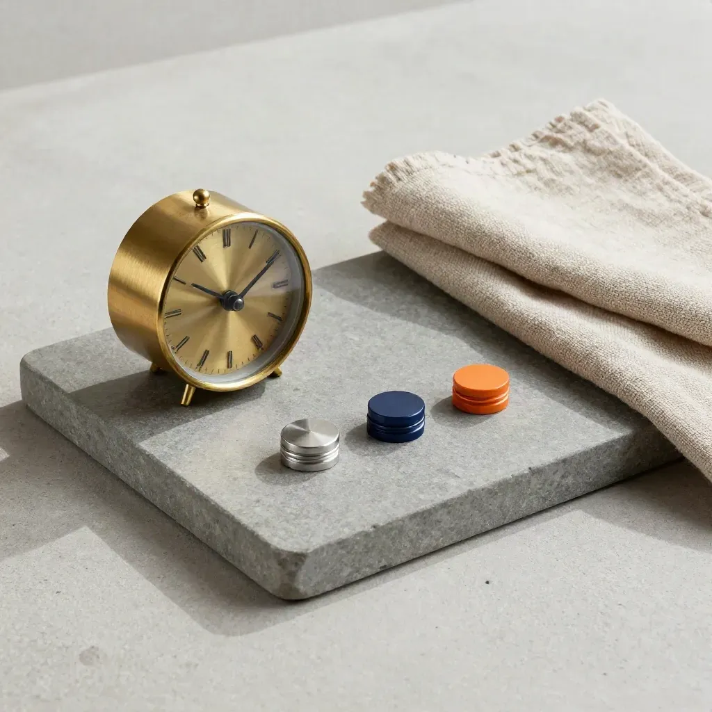 Timer industriale, gettoni metallici e orologio in ottone su vassoio di pietra