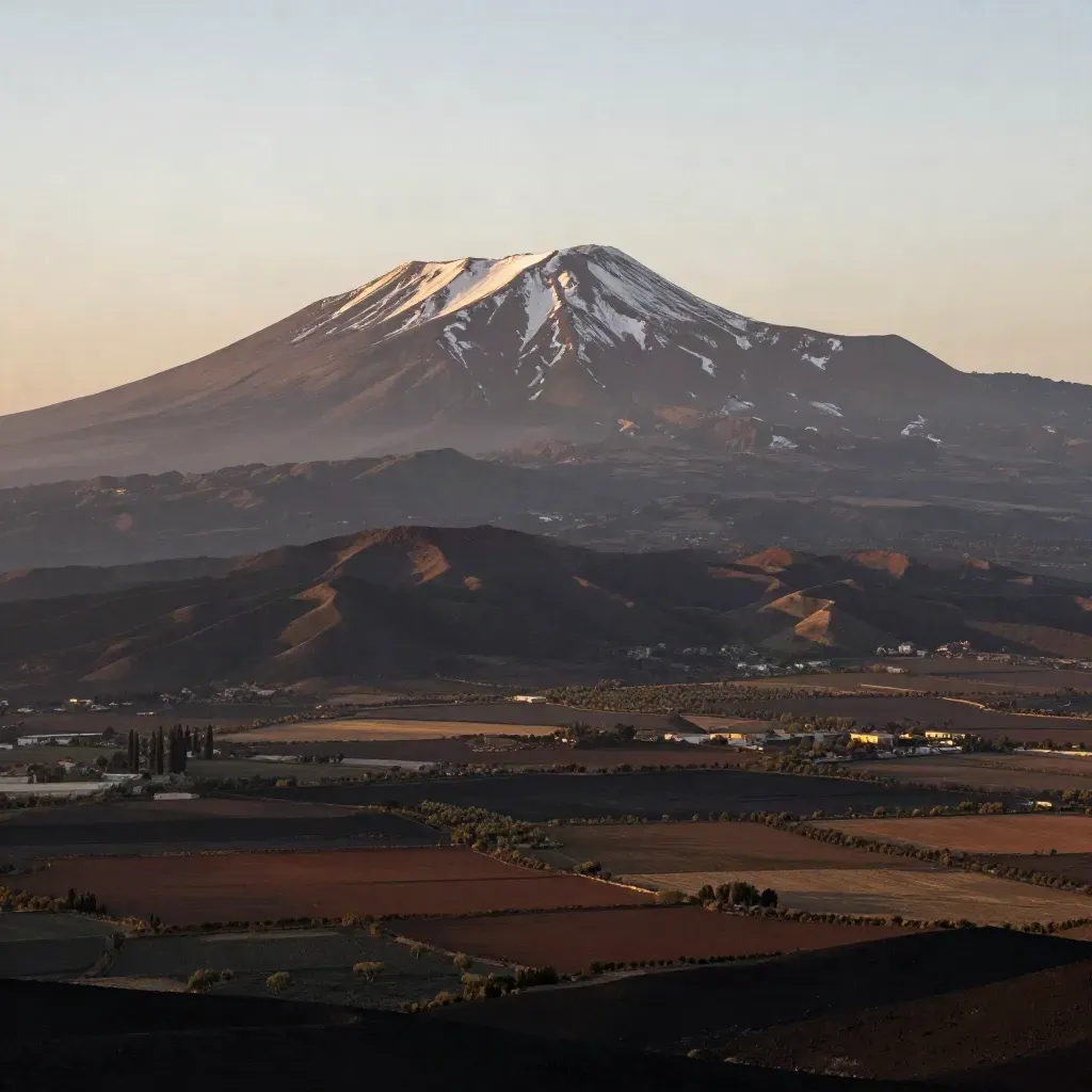 Etna al tramonto sopra la piana di Catania, con bruma calda e campi scuri