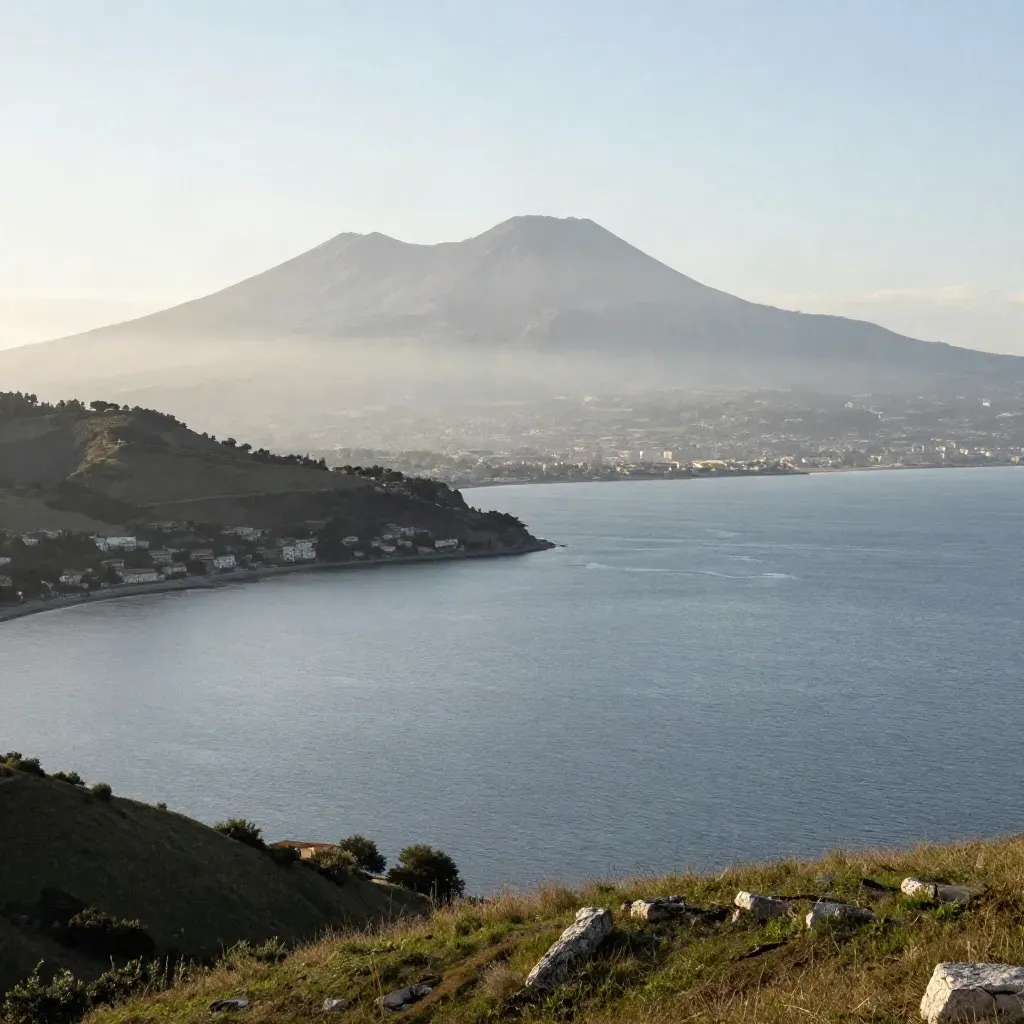 Vista del Golfo di Napoli con il Vesuvio in alto e il mare calmo in basso, luce morbida.